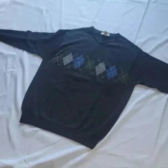 Vintage Y2K Grandpa XL Grey Men's Sweater Merino Wool Argyle Diamond Academia - Picture 5 of 5